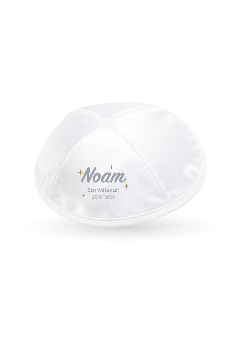 A ready-made Kippush kippah personalized with a name and date