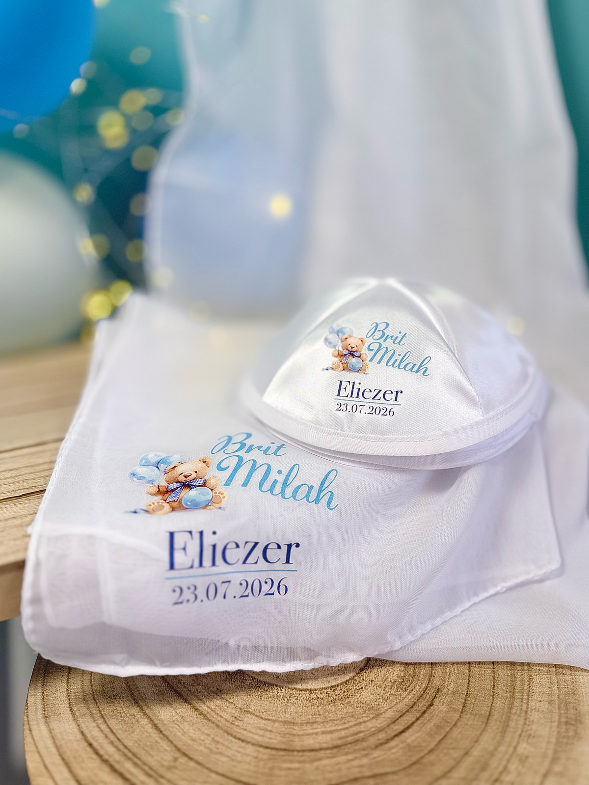 Teddy Bear blue ribbon & Balloons – Brit Milah Kippah