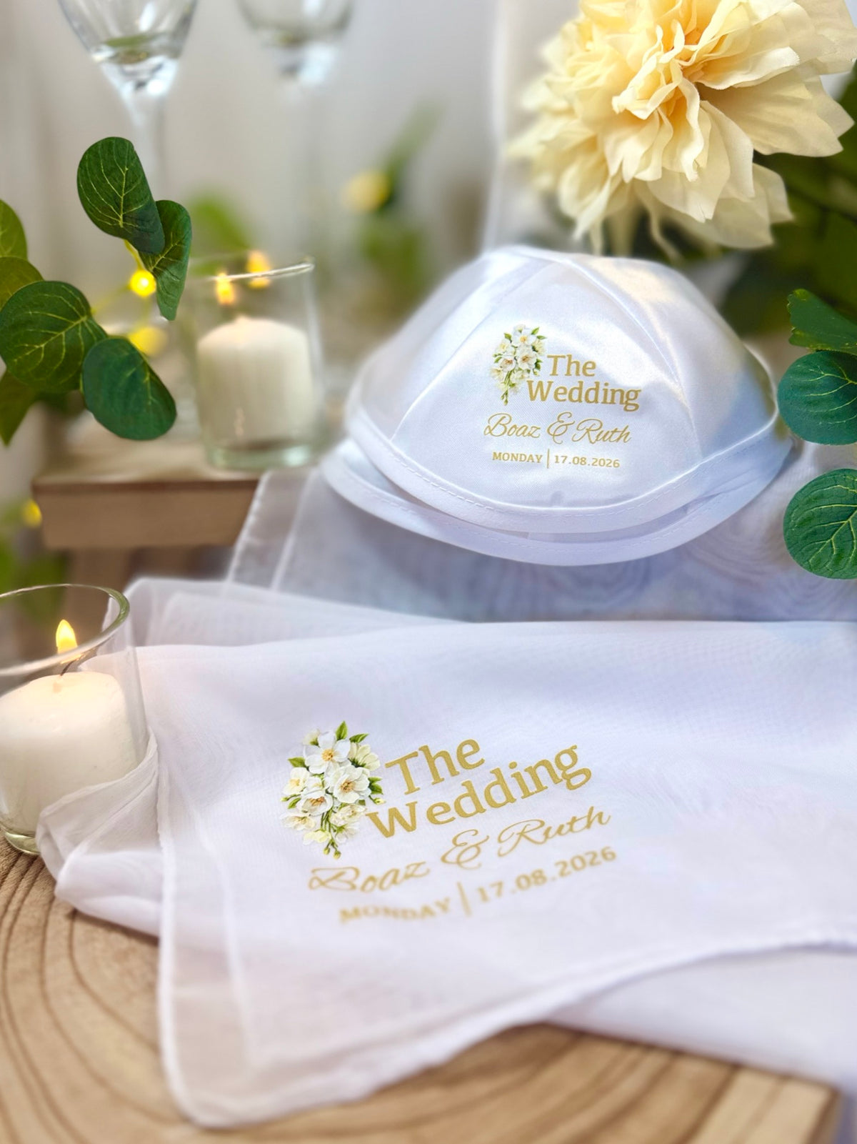Floral Bouquet Classic personalized wedding kippah and matching shawl