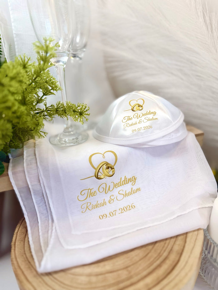 Heart and Rings wedding kippah and matching shawl